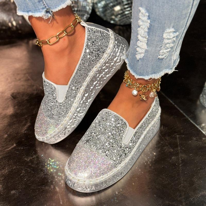 2025 New Luxury Women Flats Rhinestone Bling Sewing Platform Loafers Slip on Shallow Mouth Fashion Casual Shoes Ladies Footwear