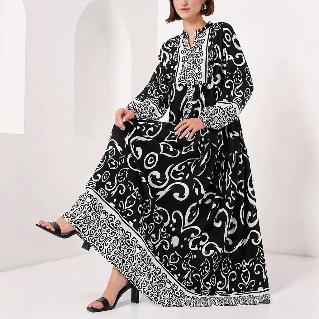 Elegant Long Sleeve V-Neck Arabic Black Dress with Islamic Print