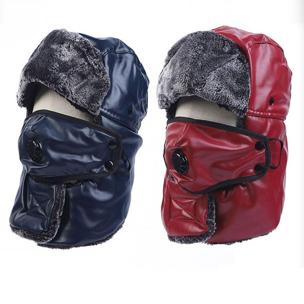 Fashion Winter Mask Hat PU Leather Detachable Scarf Hat One-Piece Rainproof Windproof Pullover Hats