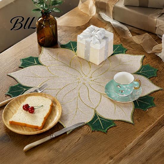 Christmas Table Placemats for Dining Floral Leaf Placemat Table, Decorative Polyester Fabric Holiday Decorations Mats with Festive Leaves Design Party