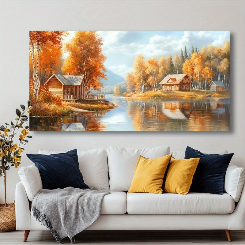 Autumn Lakeside Cabins Canvas Art Modern Abstract Painting Framelees High-Quality Print for Living Room, Bedroom, Office Decor