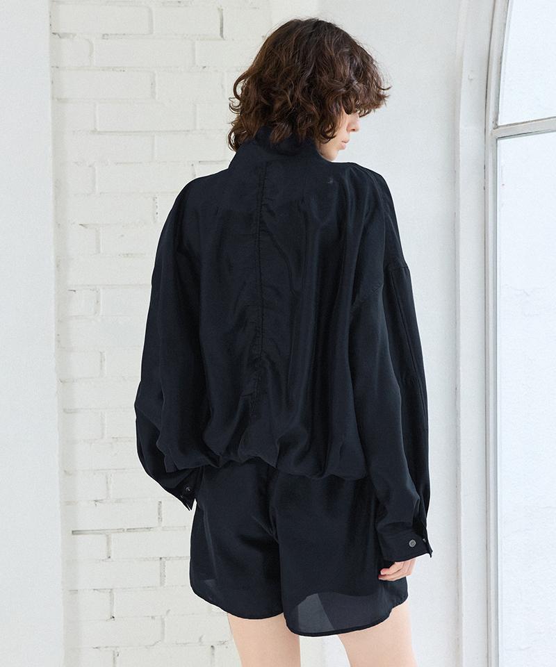 Leftseoul High-Neck Silky Satin Blouson [Dark Navy]