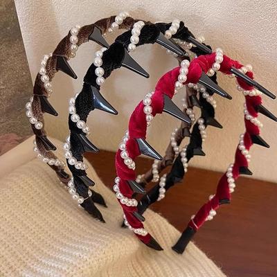 Artificial Pearl Hairband with Teeth Hoop Vintage Hairs Bands High Cranium Wide Beaded Bling Head Band for Women Girls