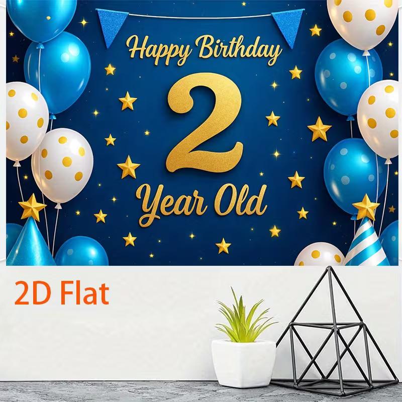 2D Jungen 2. Geburtstag Kulisse, Blaues „Happy Birthday 2 Jahre“ Fotografie Hintergrund mit Luftballons