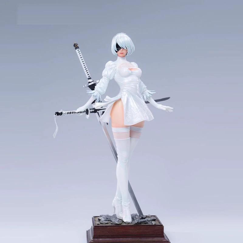 NieR Automata 2B Anime Girl GK Figure Double Head Sculpture High Slit Battle Suit Collectible Statue Desktop Decoration