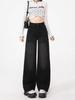 Jeans Droits Taille Haute Noir-Gris pour Femme - Arrivage Printemps 2025, Coupe Ample, Style High Street, Design Amincissant Jambe Large