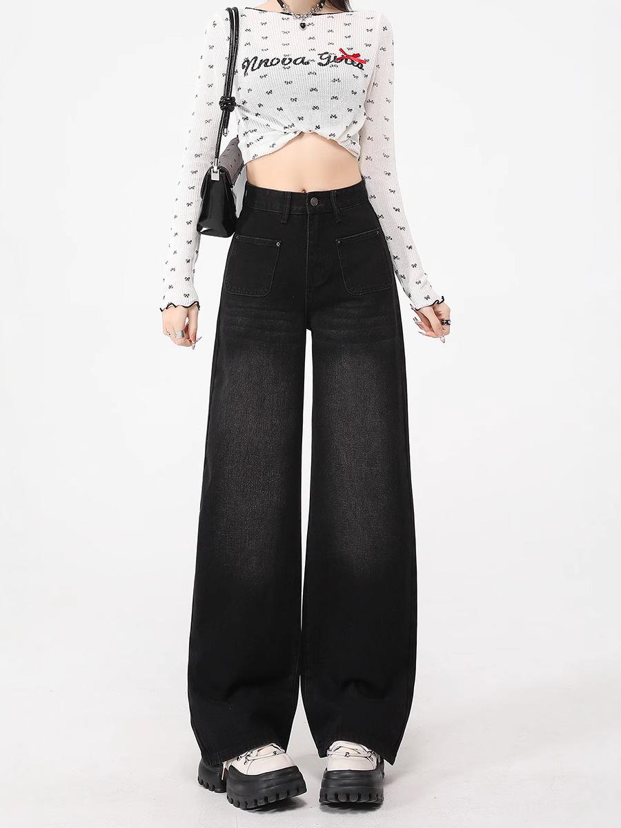 

Women s High-Waisted Black-Grey Straight-Leg Jeans - 2025 Spring Arrival, Loose Fit, High Street Style, Slimming Wide-Leg Design S