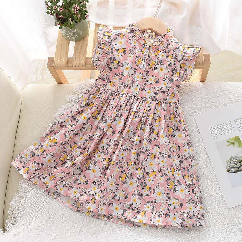 

Summer Girls Dress Stand-up Collar Flying Sleeve Floral Skirt Fresh Button Doll Skirt 90 розовый