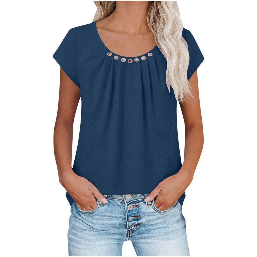 Women's Casual Pleated Button-Up Short-Sleeve T-Shirt Top