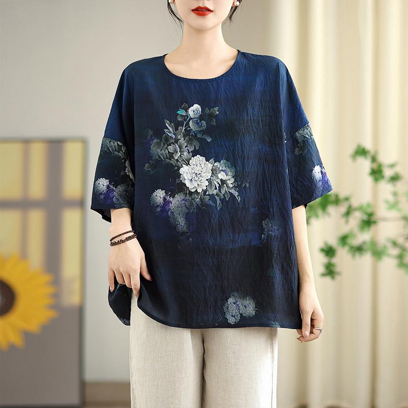 DIMANAF 2026 Plus Size New T-Shirt Women Shirts Flower Print Loose Casual O-Neck Lady Tops Tees Blouse Oversize Summer