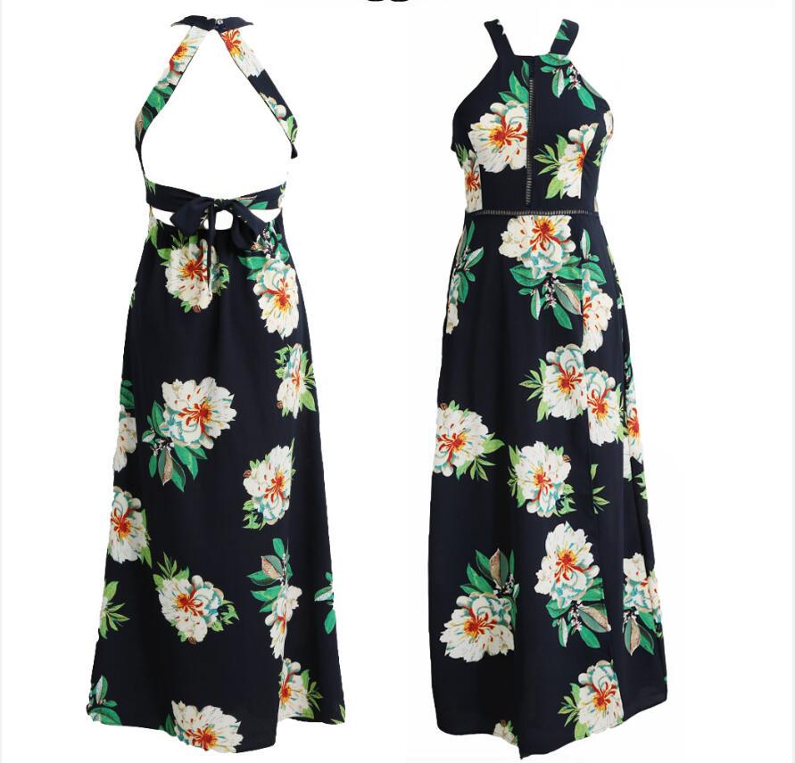 Women Halter Neck Chiffon Dress Floral Print Sleeveless Split Backless Long Dress Boho Dress