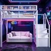 Loft Bed 140x200 with LED Light Strip, Safety Ladder and Flexible Storage Metal Bed Adult Bed Children's Bunk Bed White