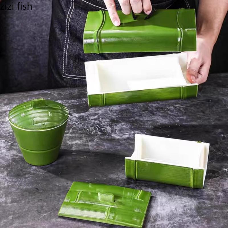 Plastic Imitation Bamboo Dining Plate Bamboo Tube Plate with Lid Green Dessert Plates Dim Sum Dish Serving Plates Fruit Bowl