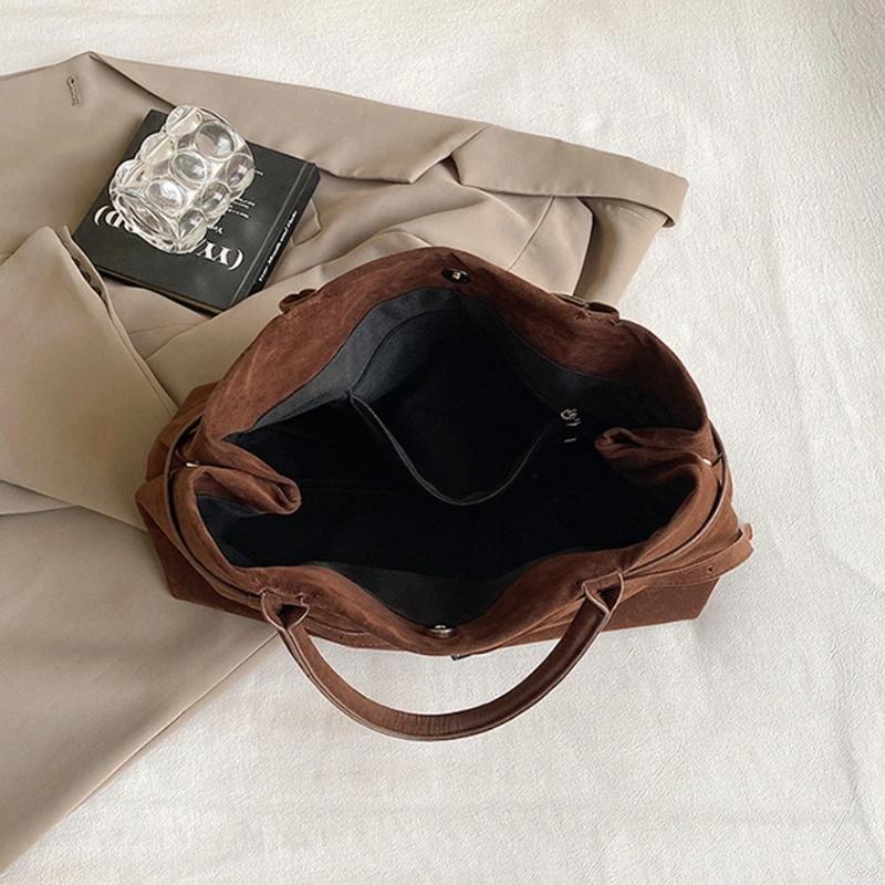 Designer Suede Tote Bag,Vintage Large Capacity Belt Buckle Women Top Handle Handbag,Retro Coffee Color Underarm Shoulder Bag
