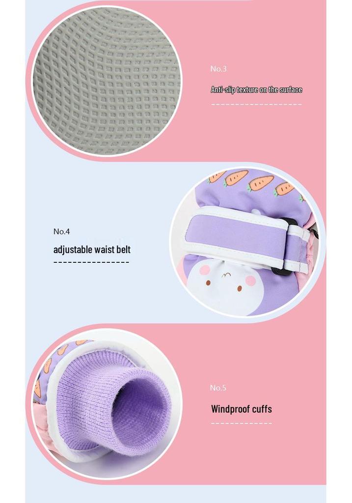Pink Cartoon Fingerless Cotton Gloves for Girls - Windproof, Warm Winter Cycling and Outdoor Gloves for Primary School Students