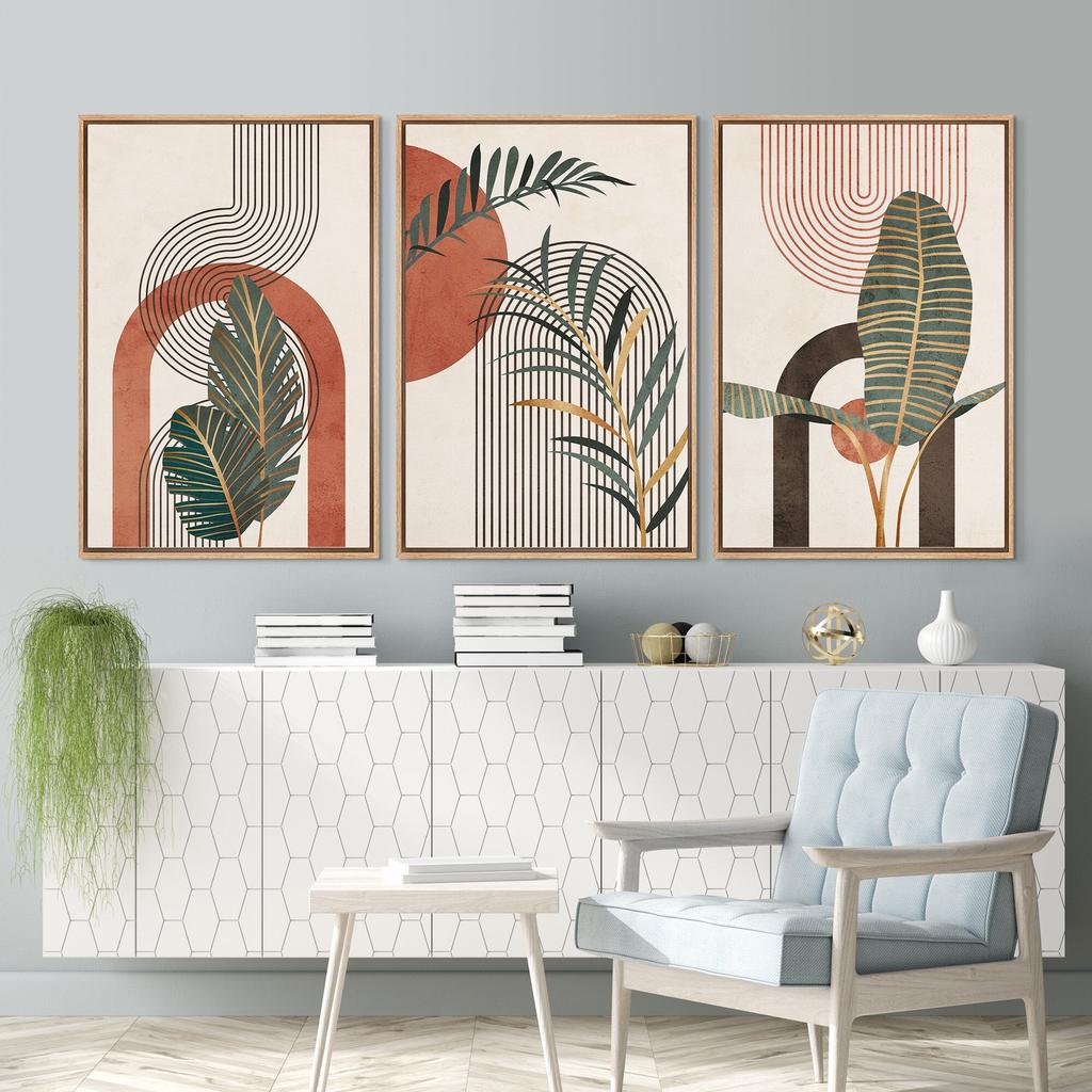 Mid-Century Tropical Leaf Wall Art Set, Boho Abstract Geometric Terracotta Canvas Prints, Minimalist Home Decor & Perfect Gifts