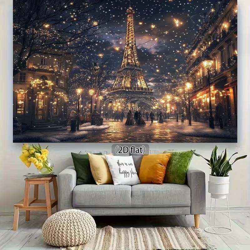 2D Paris Winter Backdrop, Eiffel Tower at Night with Snow and Lights