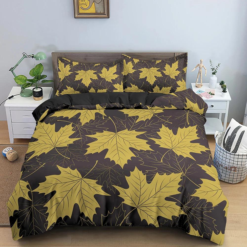 Fall Duvet Cover Seasonal Maple Tree Leaves Botanical Foliage Vibrant Floral Forest Image Decorative 3 Piece Bedding for Women