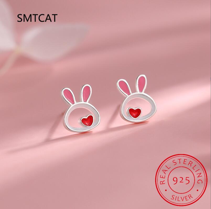 Real 925 Silver Kids Earring New Cute Heart Rabbit Stud Earrings For Daughter Girls Fine Jewelry Gift DG0193