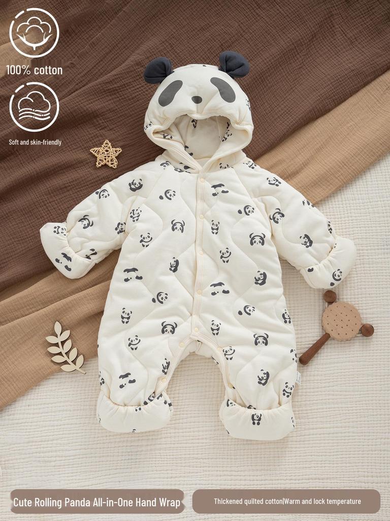 Infant Winter Cotton-Padded Hooded Romper with Mittens & Booties