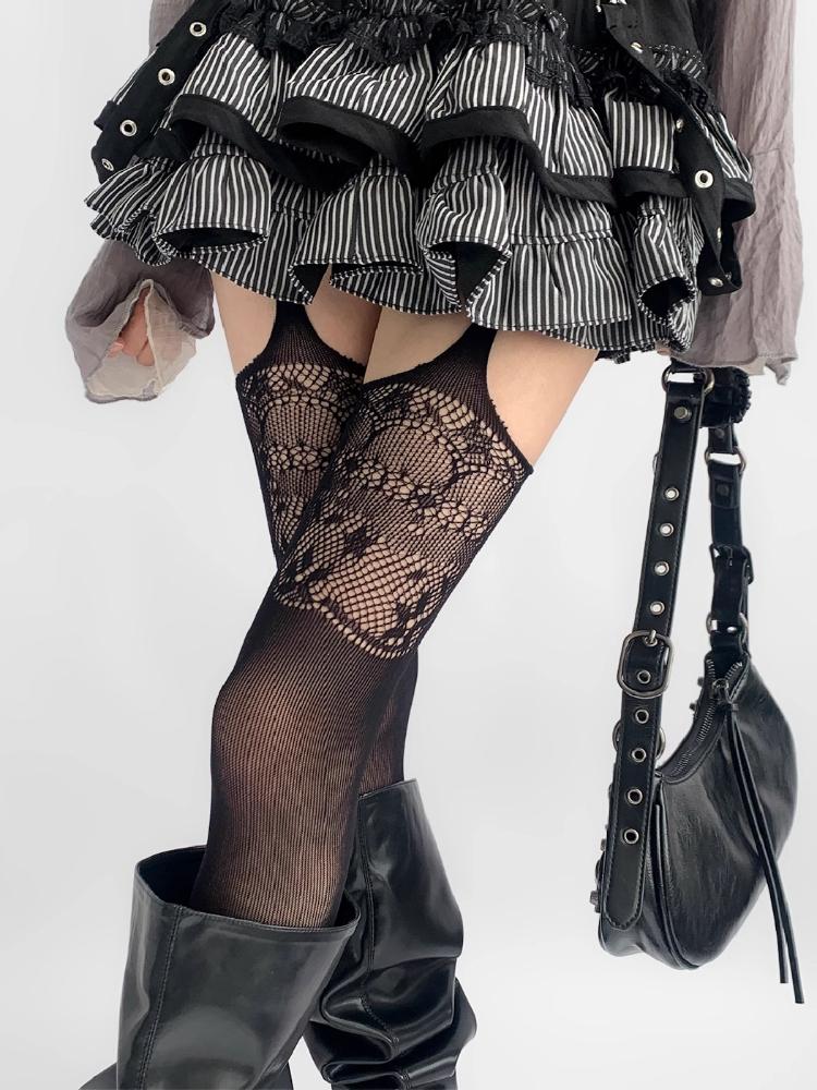 New Design Print Garter Belt Fishnet Stockings Sexy Women Hollow Thigh High Socks Suspender Punk Spicy Girls Mesh Overknee Socks