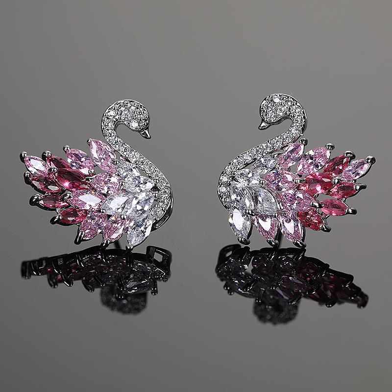 Boucles d'oreilles Cygne Colorées Style Déesse Luxe Léger, Boucles d'oreilles Zirconium Micro-serties, Boucles d'oreilles Longues Mode et Polyvalentes