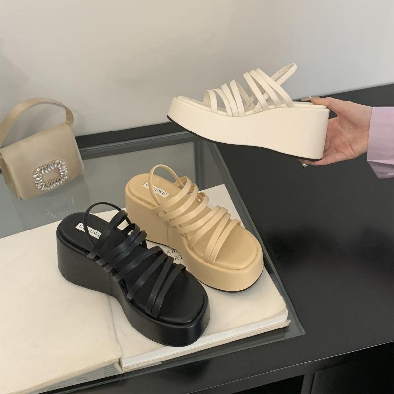 Fashion 2025 Summer Chunky Heels Sandals New Fashion Strap High Heeled Slippers Woman Black Slip On Casual Platform Sandalias Mujer