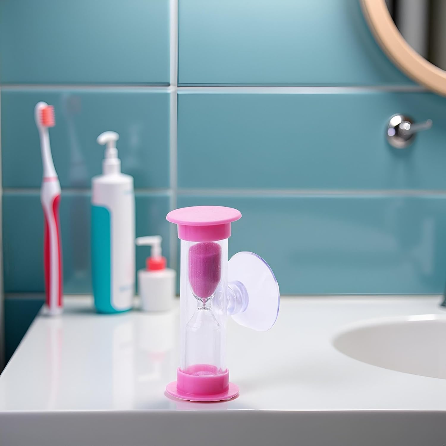 2 Minutes Pink Plastic Sand Timer Hourglass Sand Clock with Suction Cup Time Funnel Shower Timer Tooth Brushing Time Reminder Kitchen Utensils and