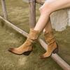 Fashion 2024 New Autumn/Winter Women Boots Genuine Leather Women Shoes Pointed Toe Chunky Heel Modern Cow Suede Western Boots