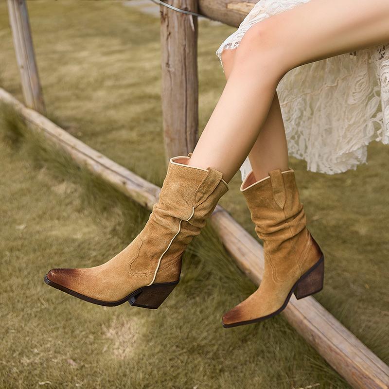 Fashion 2024 New Autumn/Winter Women Boots Genuine Leather Women Shoes Pointed Toe Chunky Heel Modern Cow Suede Western Boots