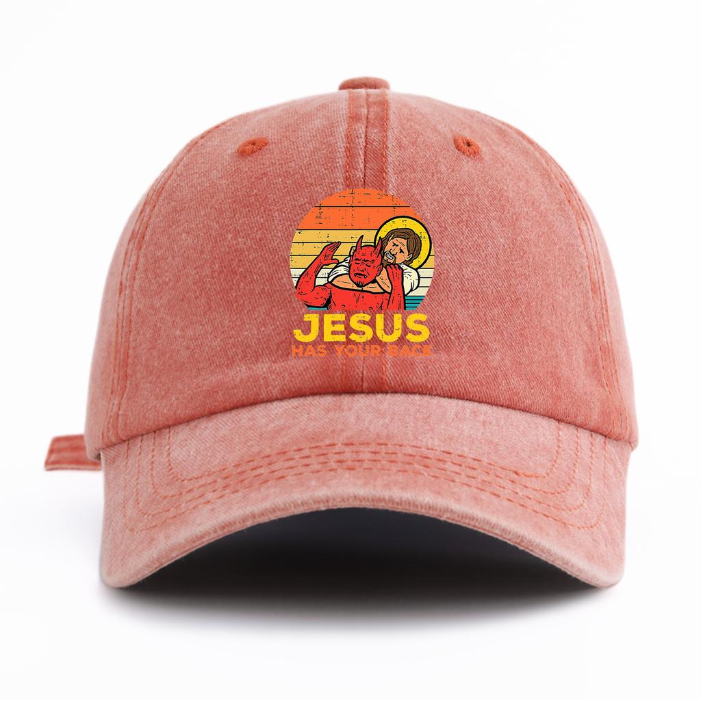 1 Stück JESUS HAT DICH IM RÜCKEN Aufdruck Gewaschene Baseballkappe für ErwachseneMinimalistischer Retro-Stil Lässig Weich Verstellbar Papa-HutPerfekt Als Geschenk