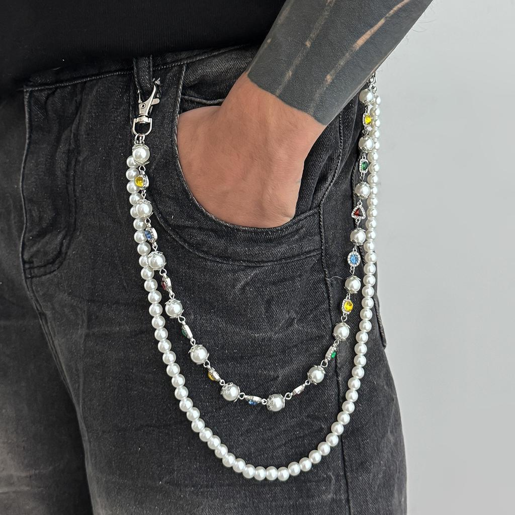 Ingemark Hip Hop Imitation Pearl Colorful Rhinestone Jeans Pants Chain Men Trend Creative Metal Pendant Bag Chain Couple Jewelry
