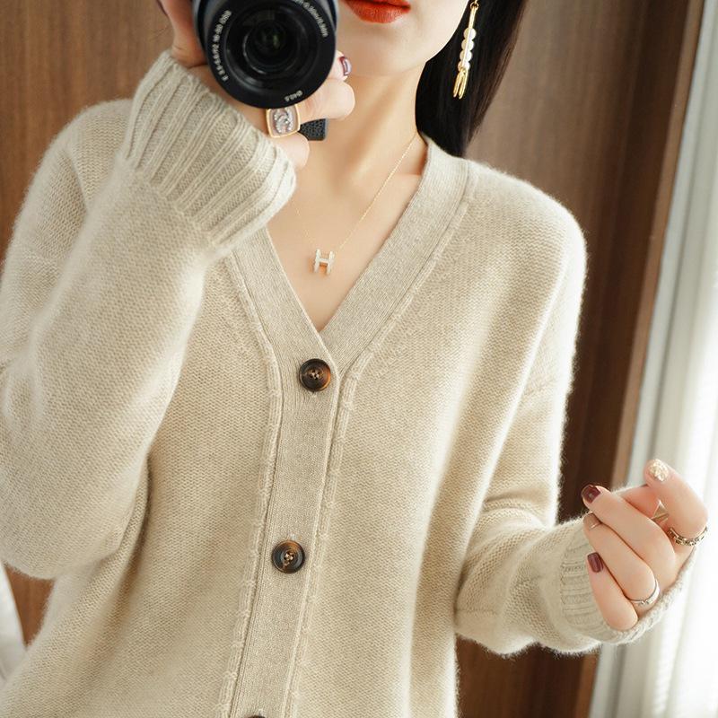 Women's Pure Wool Solid Color Cashmere Cardigan Sweater - V Neck Autumn/Winter Knitwear