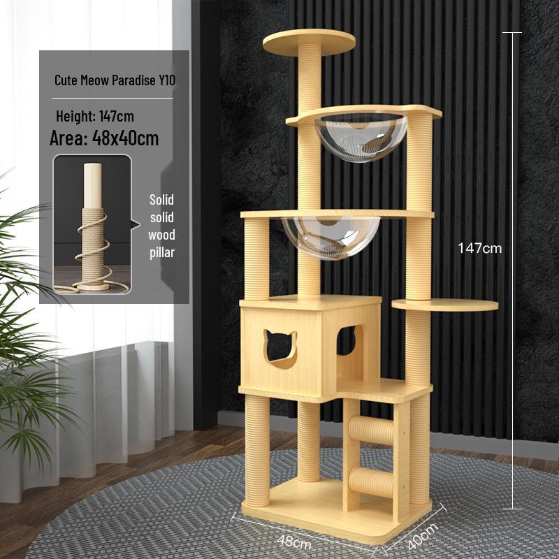 Compact Solid Wood Cat Tree with Climbing Frame & Space Capsule Bed for Large & Small Homes