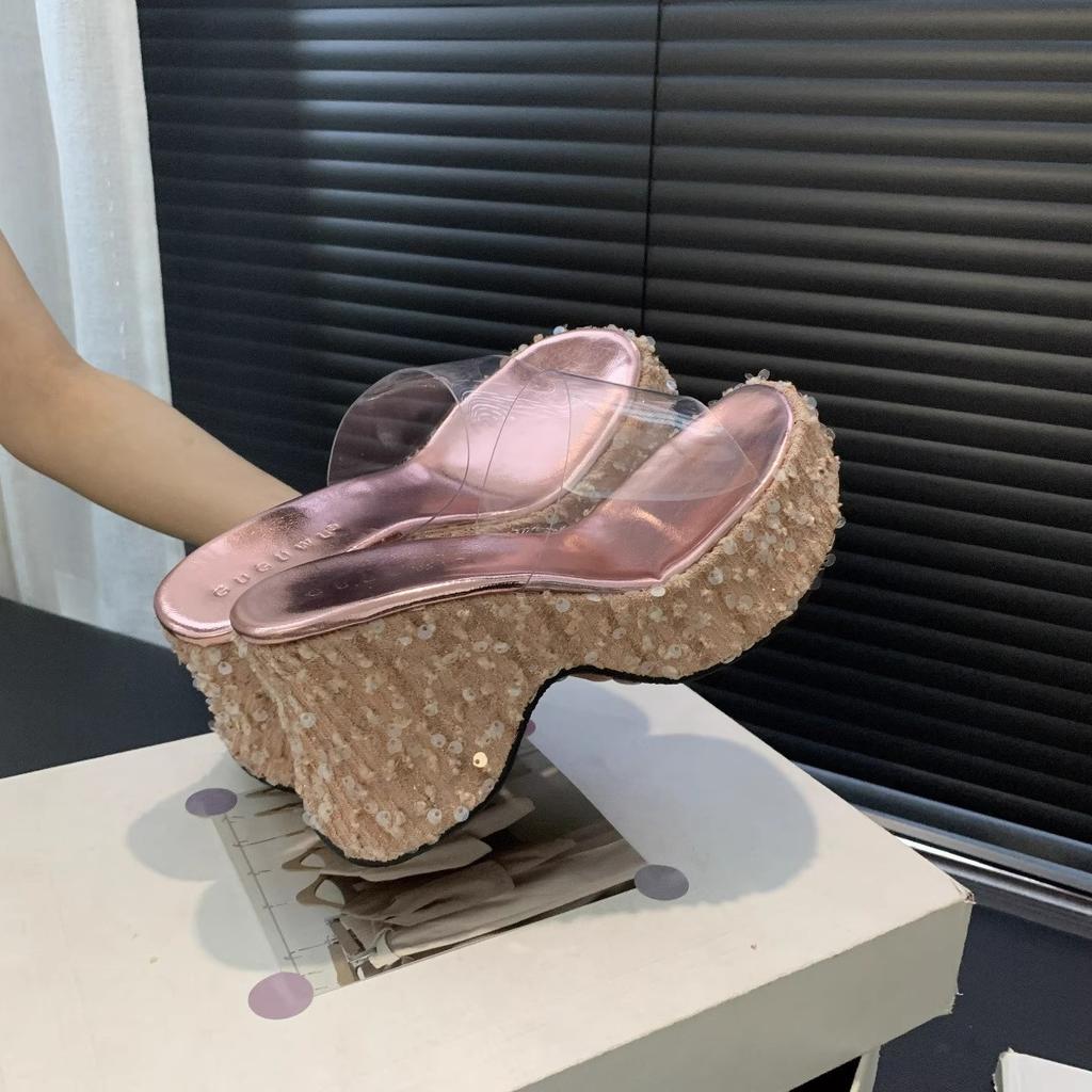 Small Man Height Gain Super High Heels Glitter Sequins Women's Summer Slope Heel Transparent Muffin Bottom Thick Sole Beach Cool Slippers