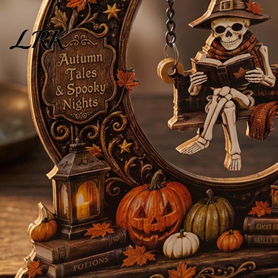 Handcrafted Wood Ghost Gift Swinging On Moon Halloween Decoration, Spooky Reading Ghost/Skeleton Wooden Bookshelf Ornament Creative Craft for