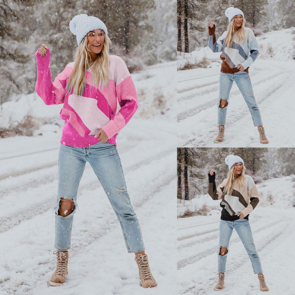 Autumn and Winter Women's Sweater Round Neck Multicolor Splicing Knit Sweater Women Pullover Sweater