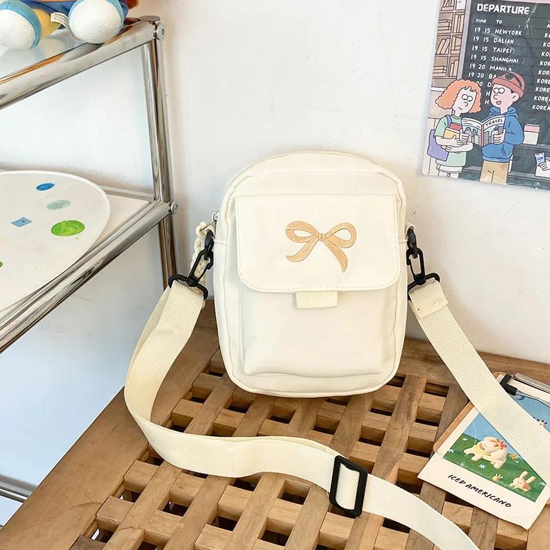 Fashion Bow Women's Nylon Shoulder Bag Solid Color Versatile Mini Crossbody Bag Trendy Multi-purpose Mobile Phone Storage Bag