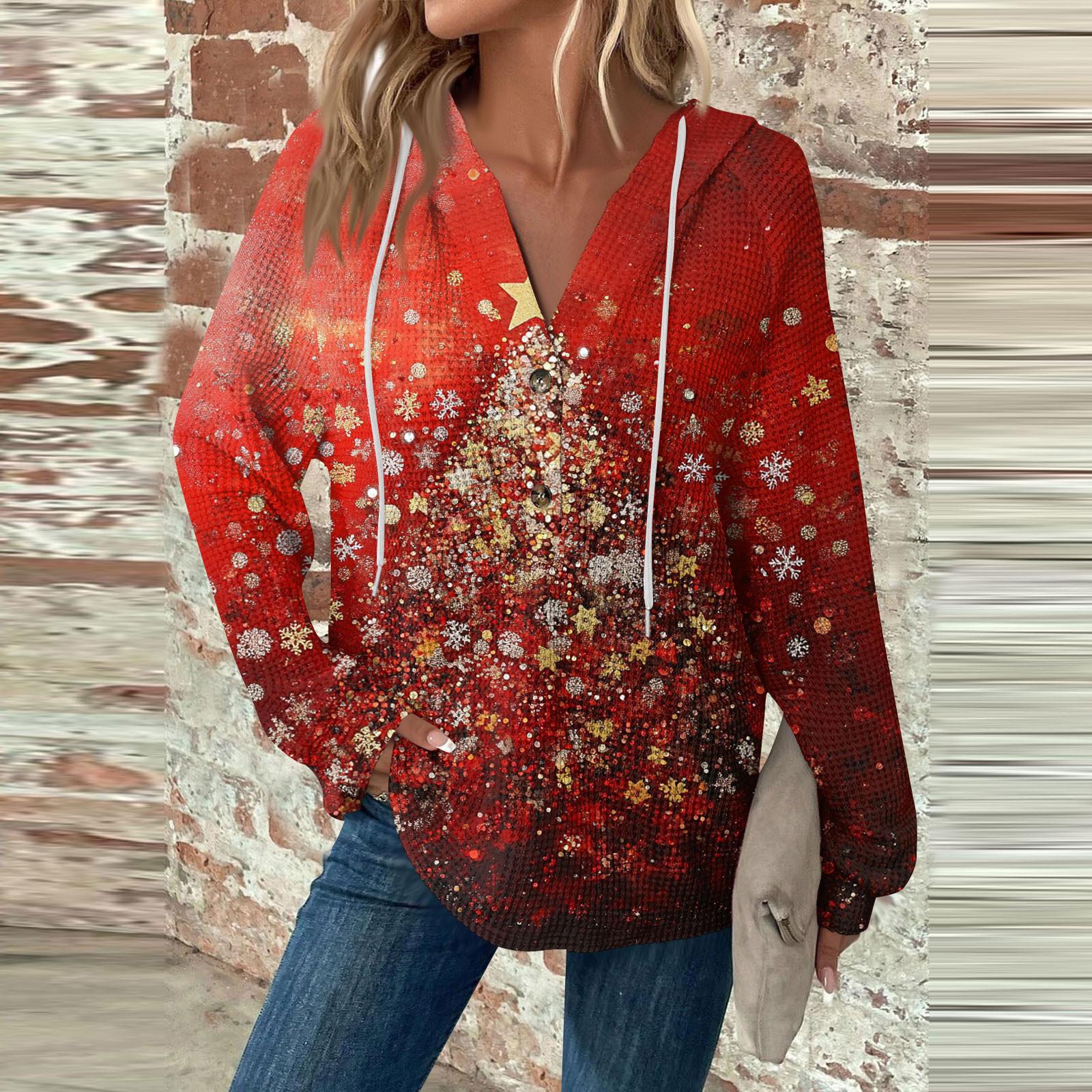 

Жіноча модна повсякденна толстовка з капюшоном і різдвяним принтом із капюшоном і ґудзиками з довгим рукавом і V-подібним вирізом M червоний