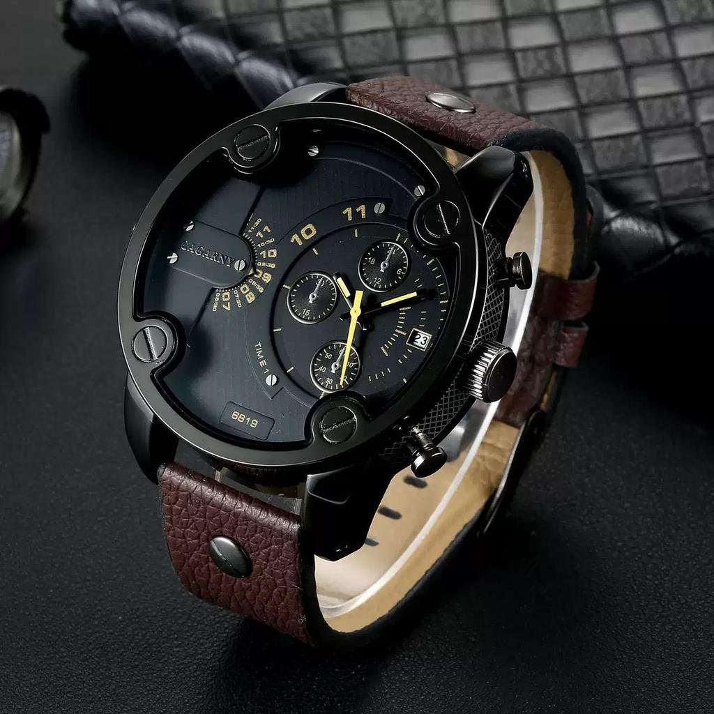 Luxury Cagarny Quartz Watch Men Black Leather Strap Golden Case Dual Times Military dz Relogio Masculino Casual Mens Watches Man