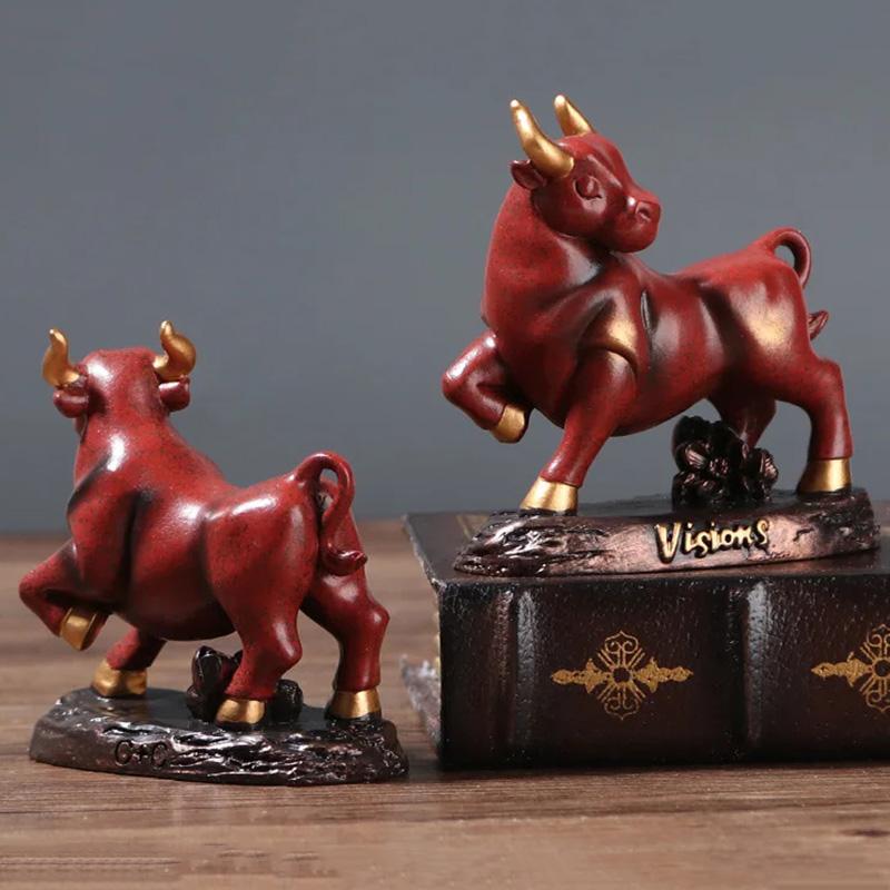 Resin Animal Bull Sculptures and Figurines Cute Home Room Office Table Decoration and Accessories Wealth Luck Feng Shui Decor