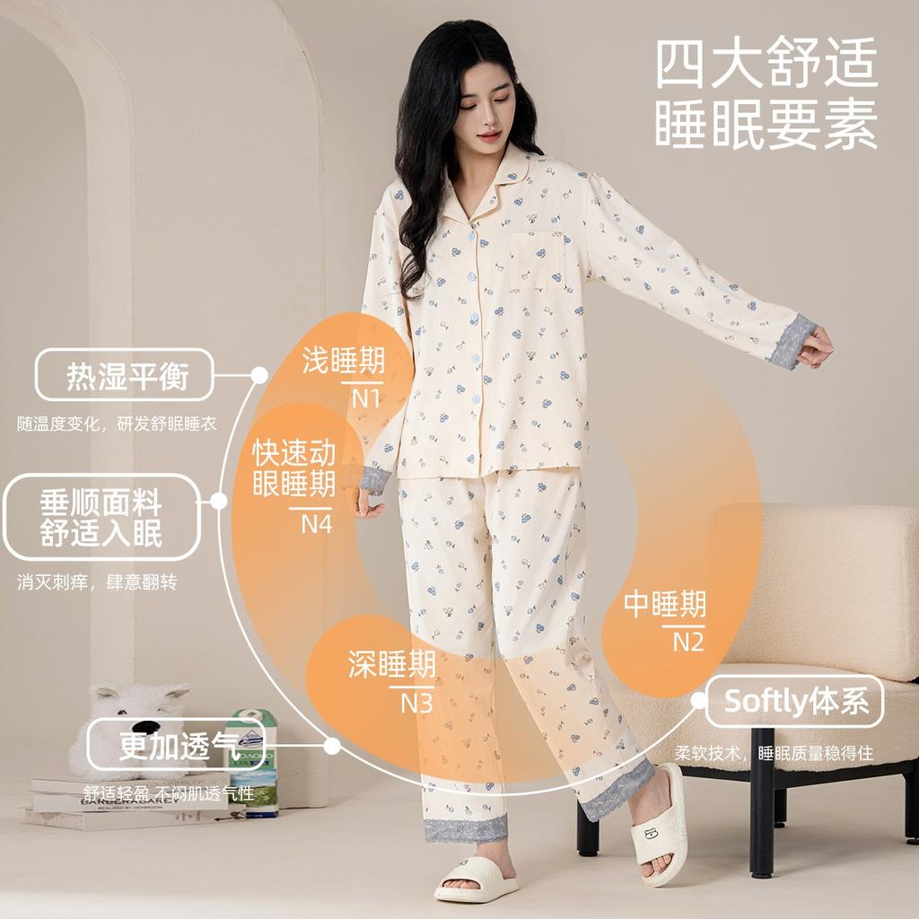 100% Cotton Autumn and Winter Long-Sleeved Comfortable Home Sleepwear Set for Women