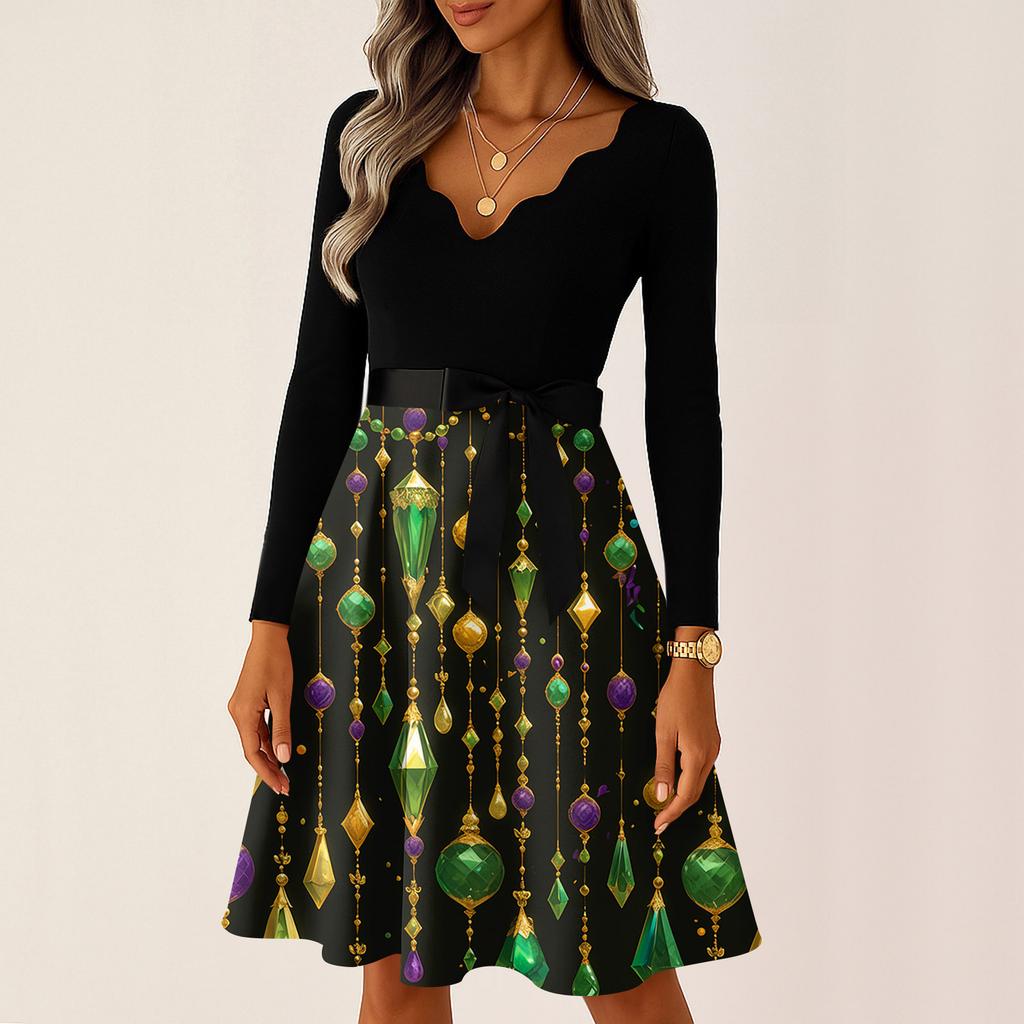 Dámské ležérní módní šaty s výstřihem do V, dlouhým rukávem, s potiskem, vintage, dlouhé