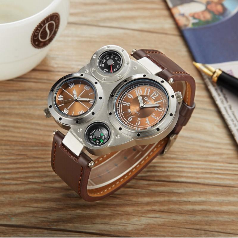 Locomotive Men's Large Dial Dual Movement Dual Time Zone Compass Thermometer Quartz Watch