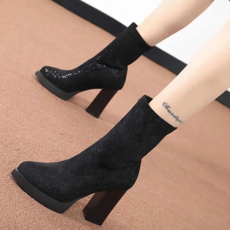 Fashion Elastic Black Pointed Toe Half High Boots for Women Quality on Promotion Y2k Winter 2024 Novelty Pu Cosplay Mid Calf Shoes Woman