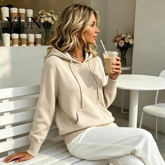 Daily Wear Hoodie Women Knit for Fall Winter, Long Sleeve Pullover Sweater Cozy Autumn Outerwear with Front Pocket, Solid Color Casual Hooded Top