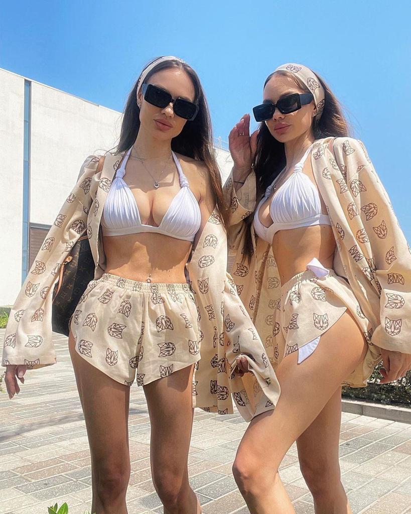 Women's Loose Long-Sleeve Print Lace-Up High Waist Shorts Suit