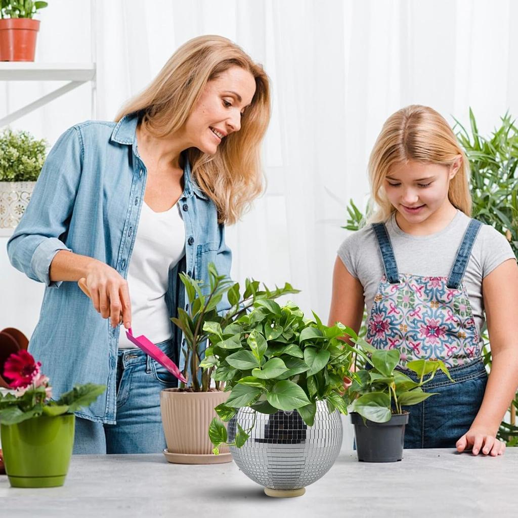 6inch Disco Ball Hanging Plant Pots,Plant Disco Ball Silver Mirror Disco Planter with Chain Hook for Indoor Outdoor Decor and Wooden Stand for