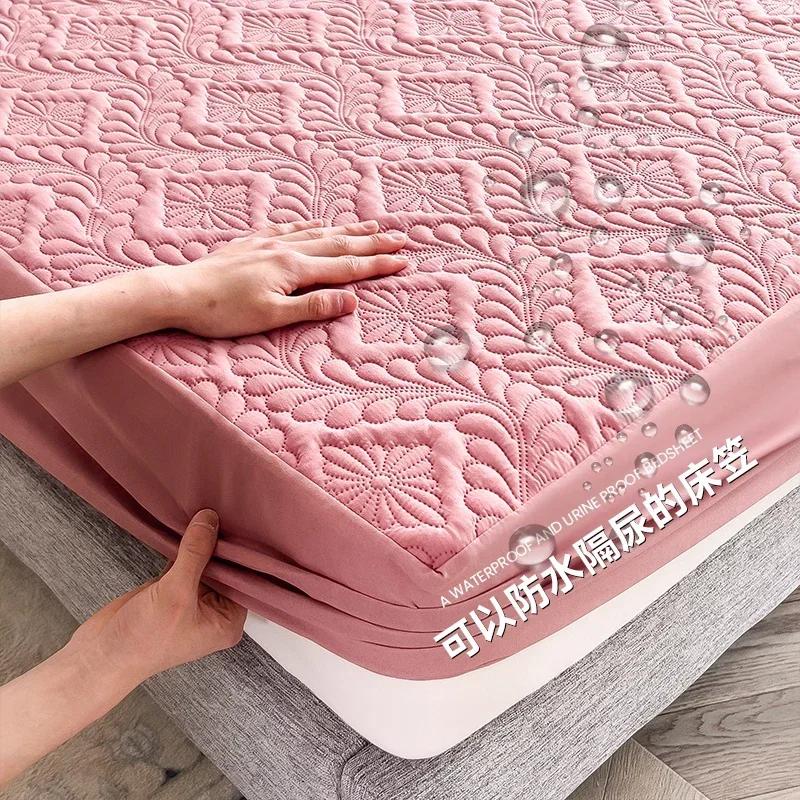 Waterproof Solid Color Embossed Mattress Cover Thicken Fitted Sheet Bed Cover for Bedroom Hotel Soft Pad for Bed