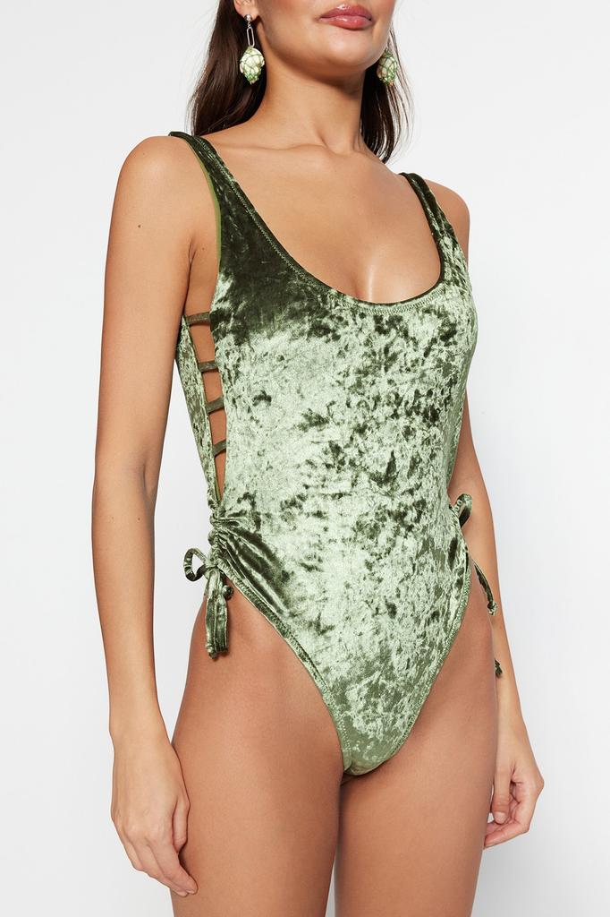 Women's New Season Swimsuit Khaki Square Collar Ribbed Velvet High Leg Swimsuit